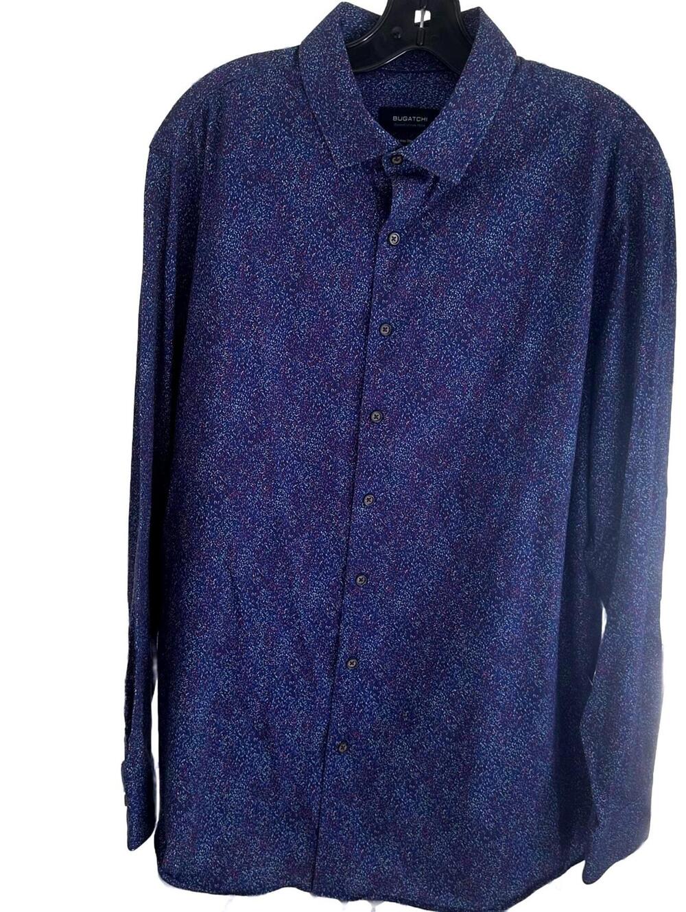 Bugatchi OoohCotton Tech Blue Stretch Men's Long Sleeve Button Down Shirt - 2XL